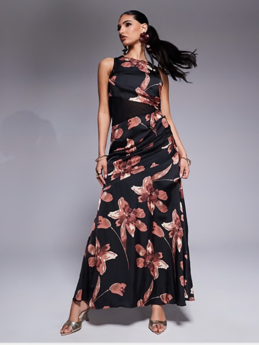 ASOS Black Maxi Dress with Blush Floral Print and see through waist size 14